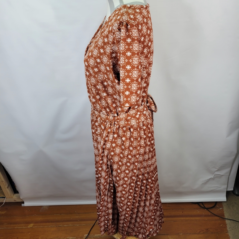 Lark +Grey Faux Wrap V Neck Dress Pleated Skirt Burnt Orange Dress Size XL - Picture 6 of 8